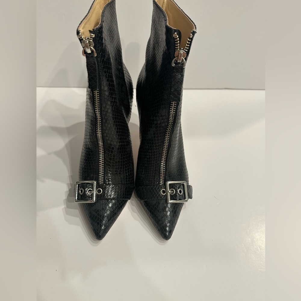 Chic Black Suede Studio  Textured Snake Skin Heeled Boots with Buckle
Size 6.5